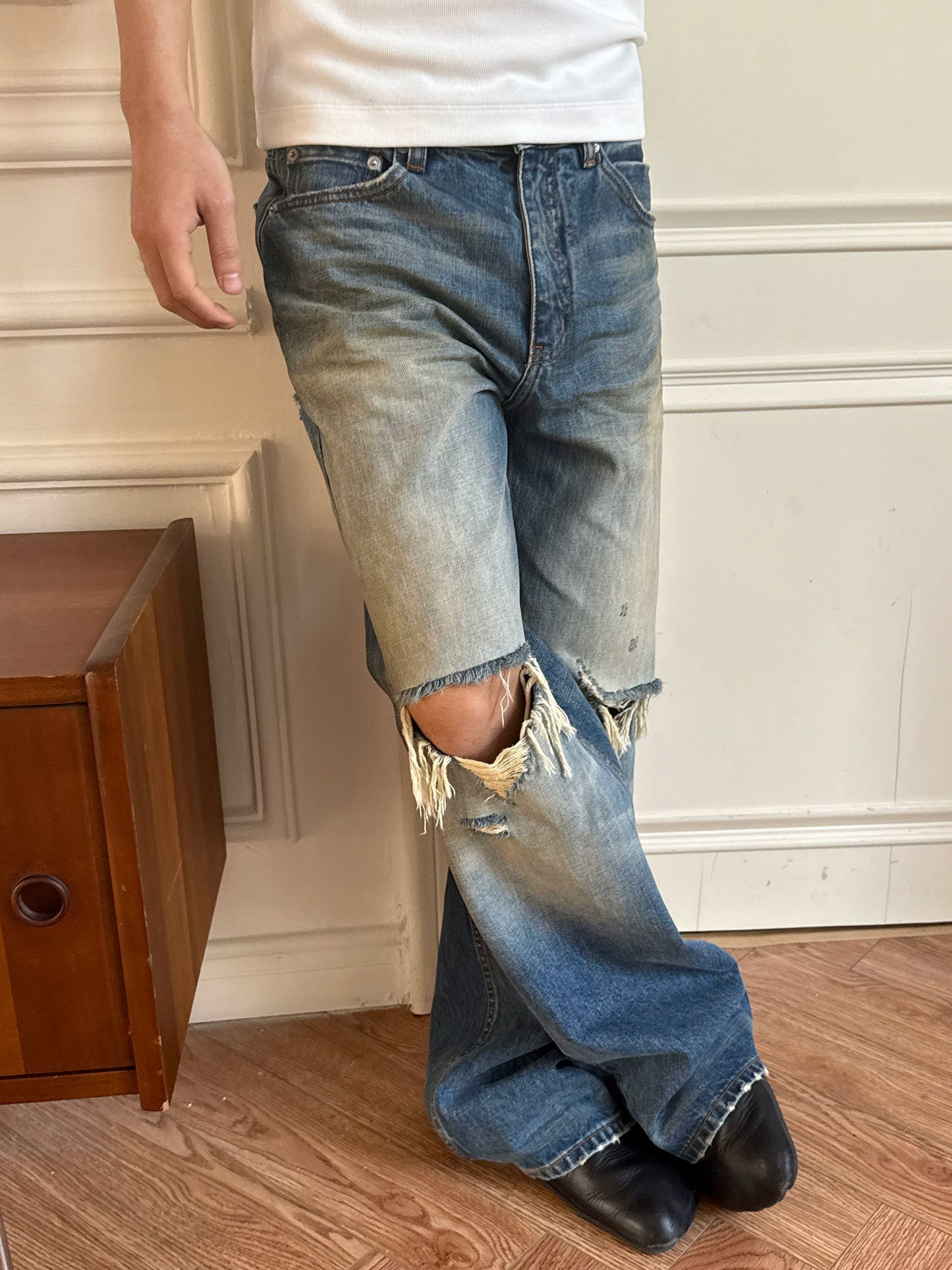 Distressed Stone-Washed Bootcut Denim Jeans