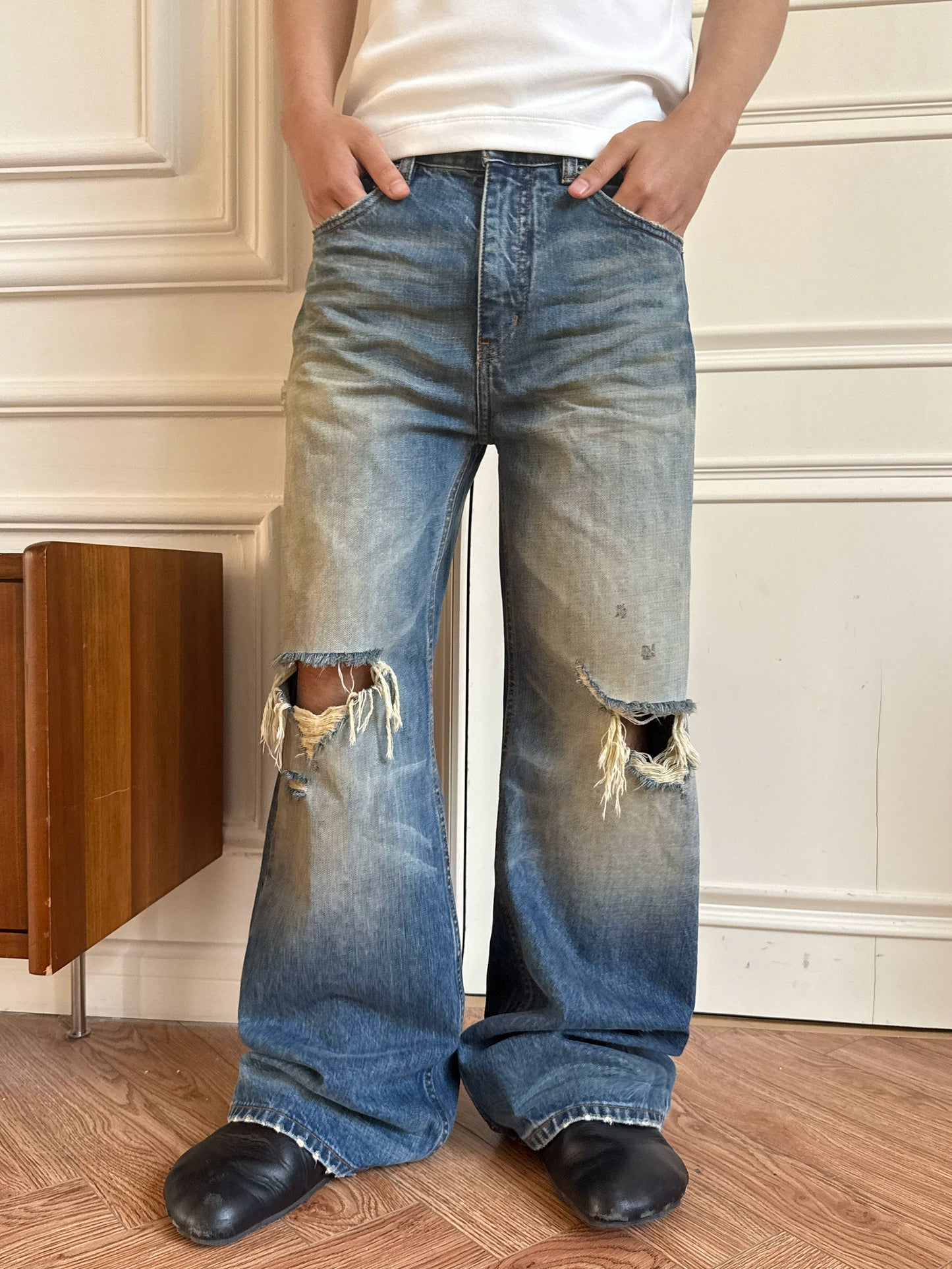 Distressed Stone-Washed Bootcut Denim Jeans