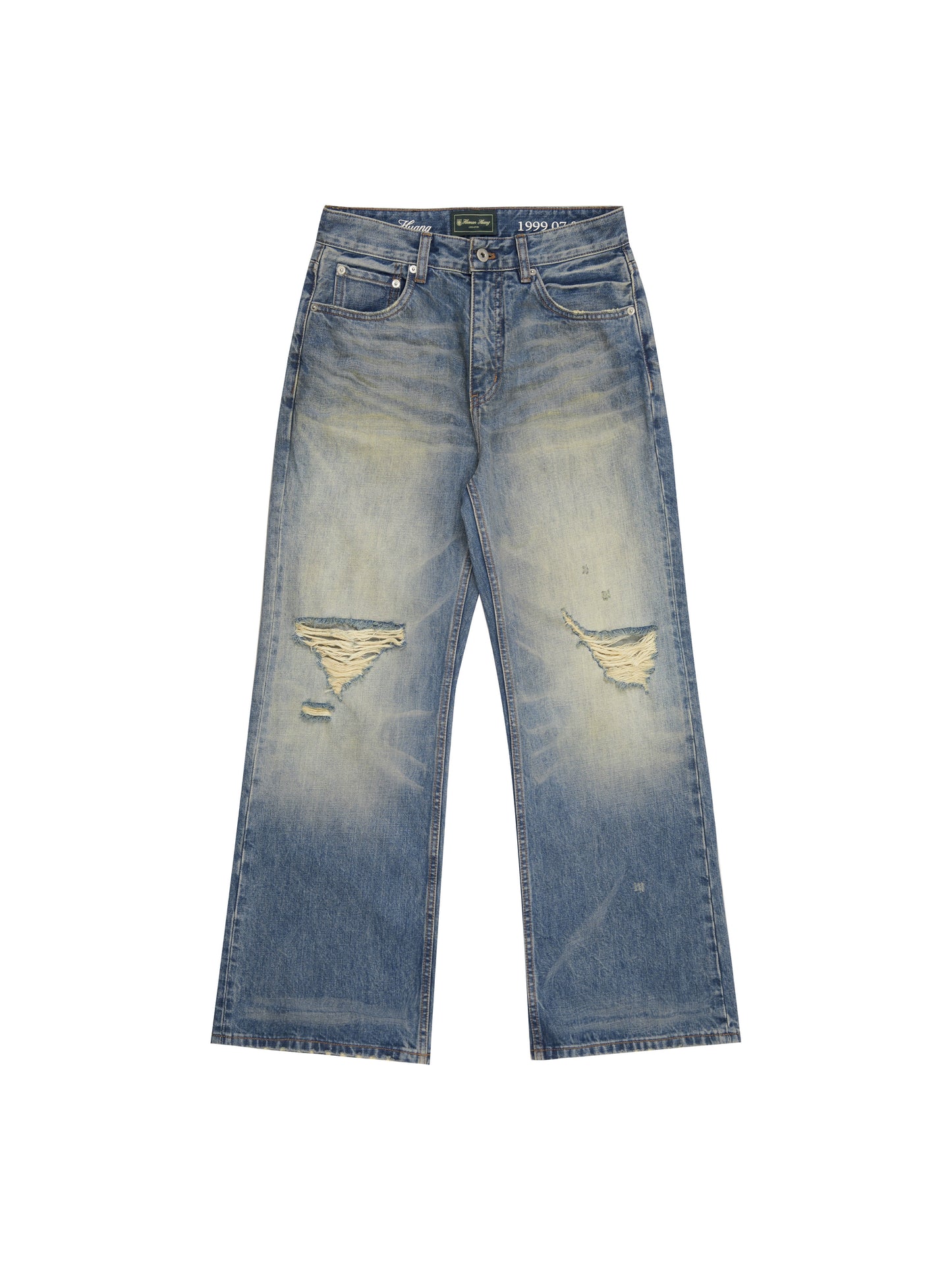 Distressed Stone-Washed Bootcut Denim Jeans