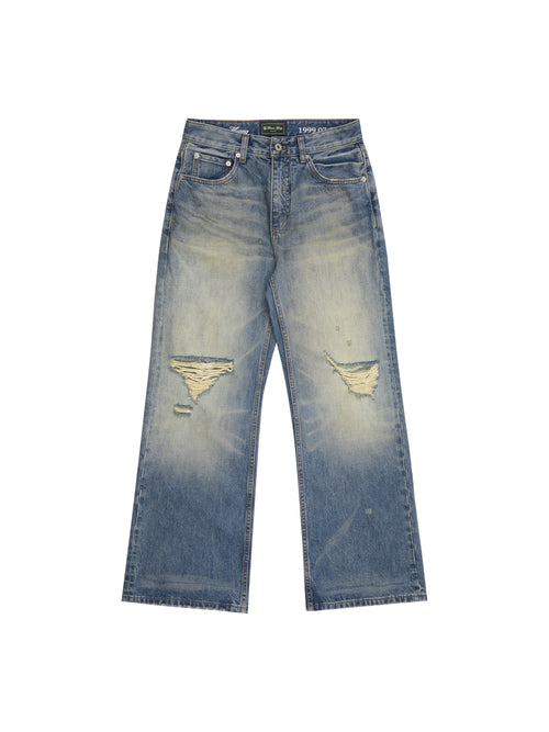 Distressed Stone-Washed Bootcut Denim Jeans
