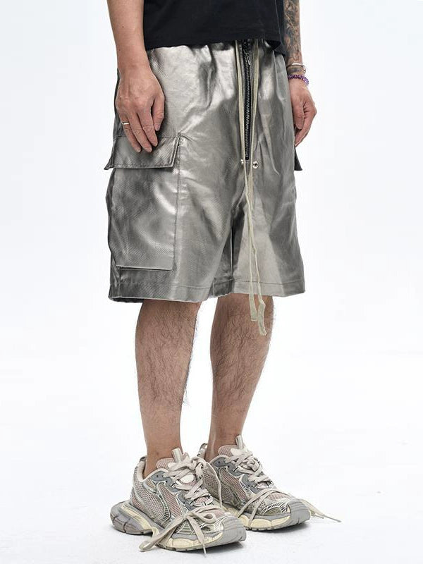 Glossy Coated Loose Cargo Shorts