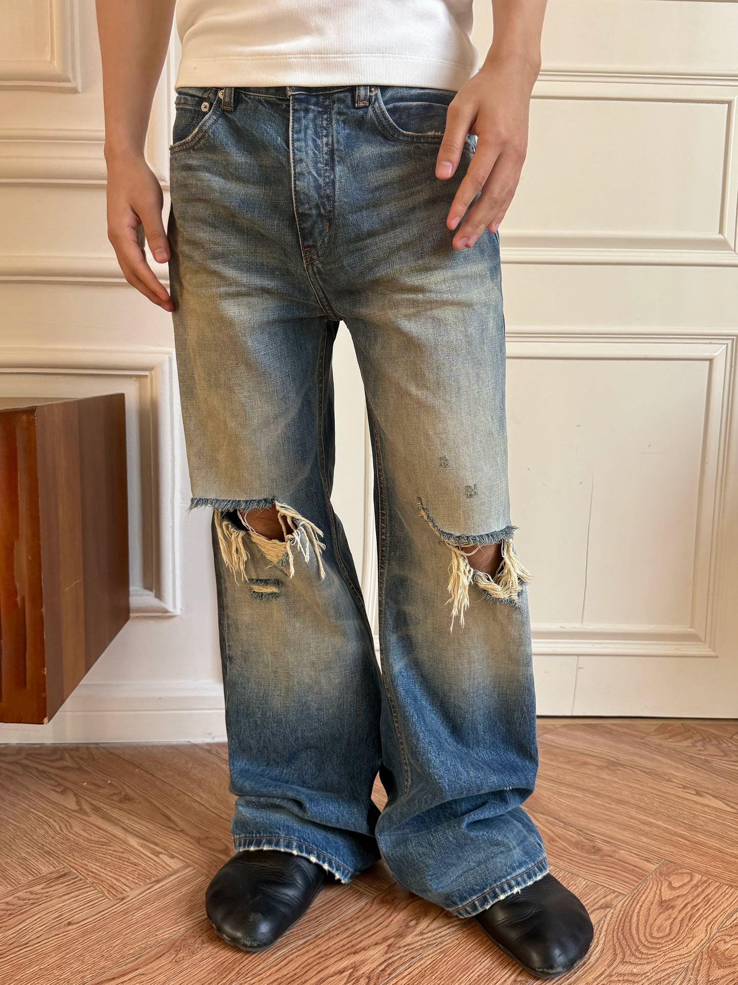 Distressed Stone-Washed Bootcut Denim Jeans