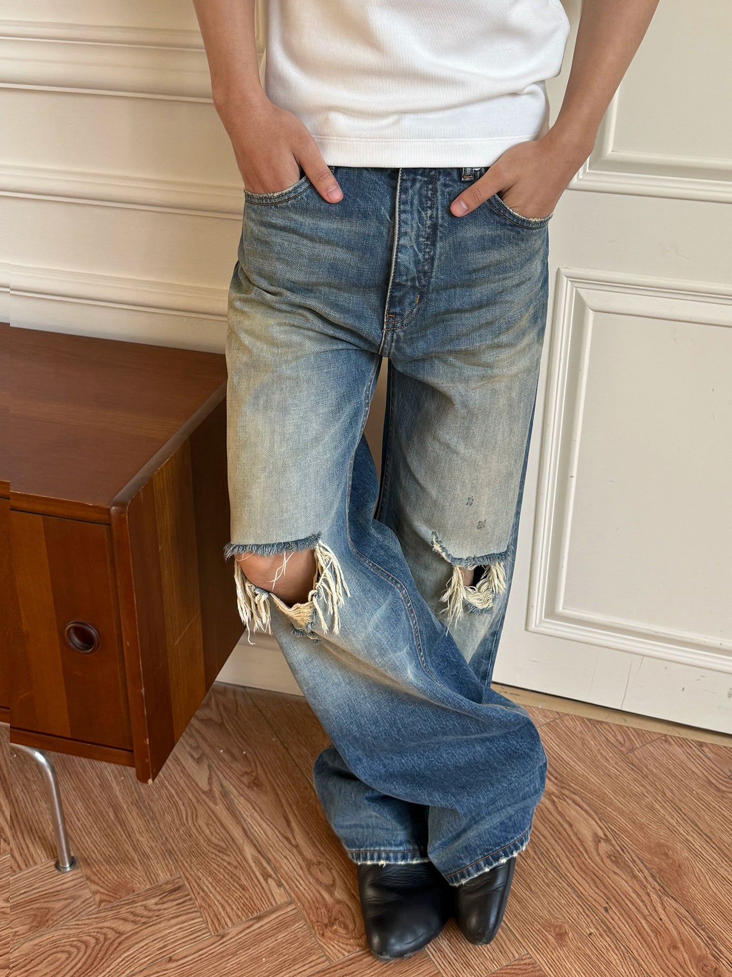 Distressed Stone-Washed Bootcut Denim Jeans