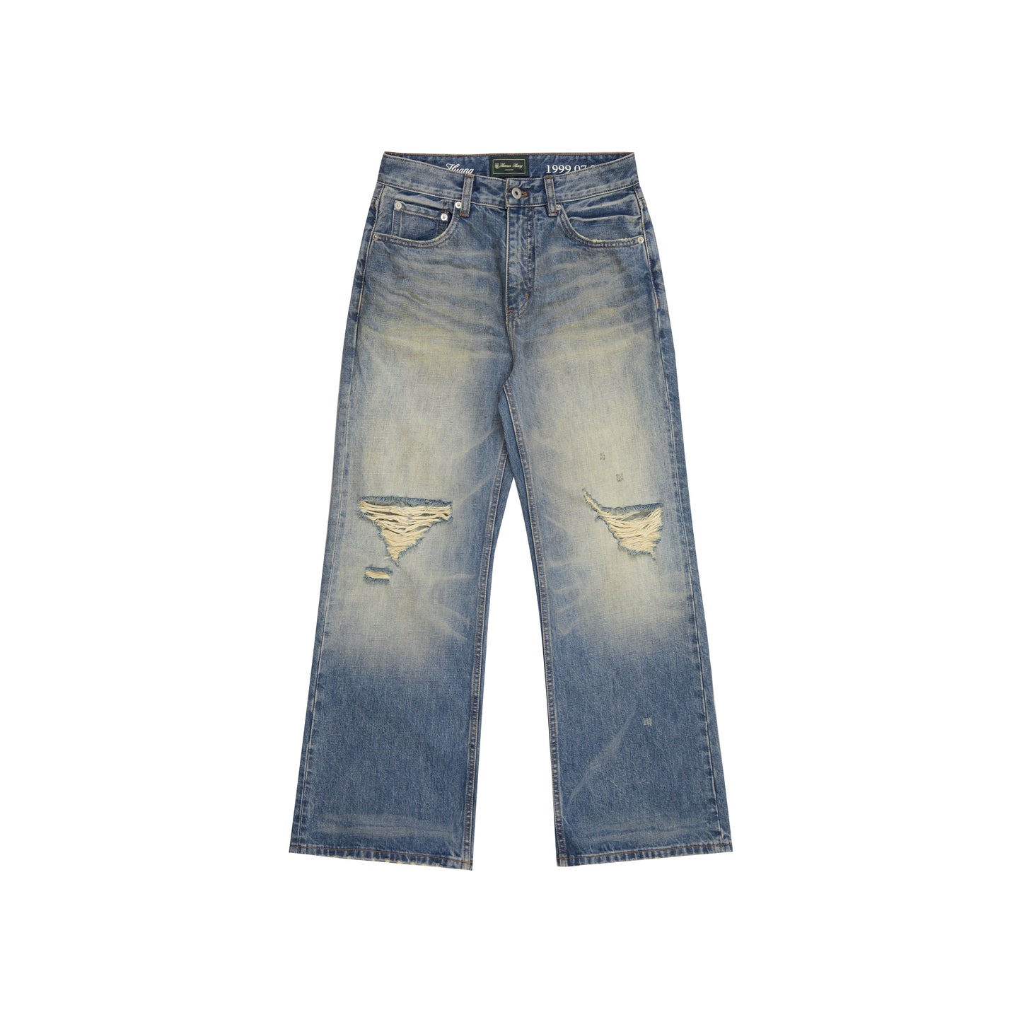 Distressed Stone-Washed Bootcut Denim Jeans