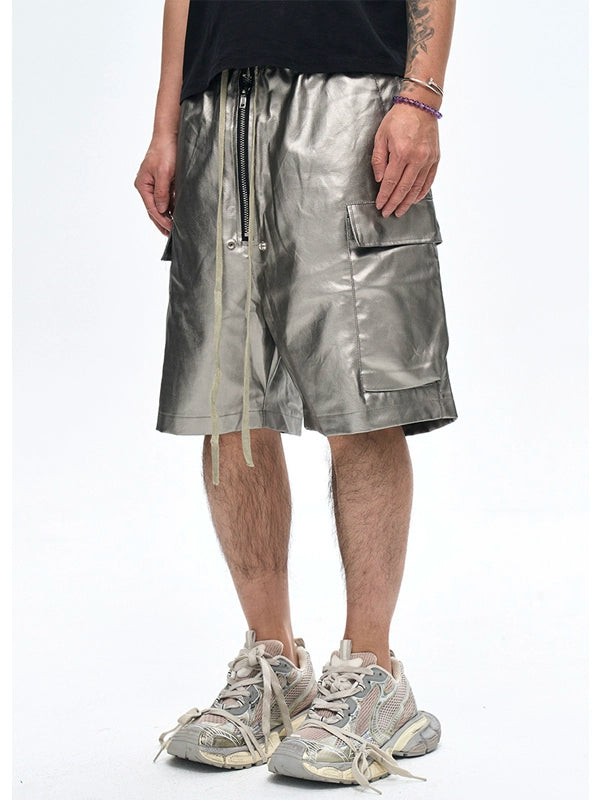 Glossy Coated Loose Cargo Shorts