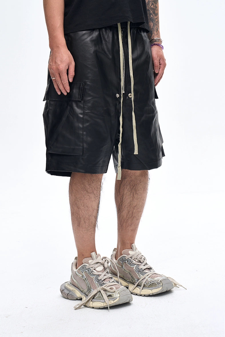Glossy Coated Loose Cargo Shorts