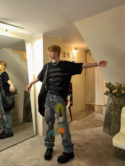 Untold Washed Crochet Embroidered Ripped Jeans