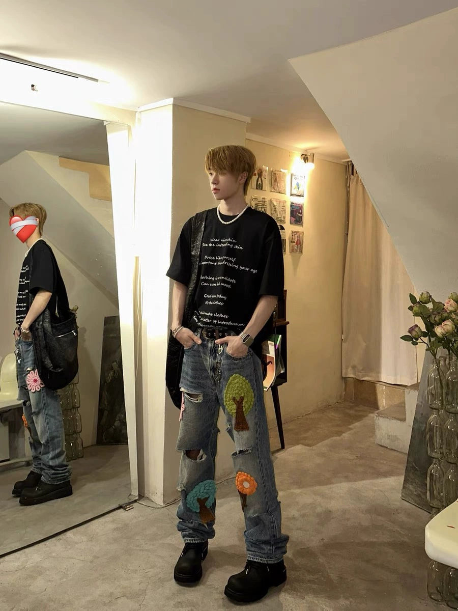 Untold Washed Crochet Embroidered Ripped Jeans