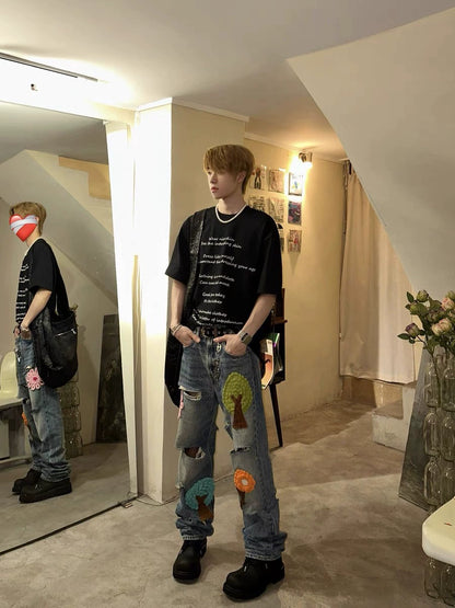 Untold Washed Crochet Embroidered Ripped Jeans