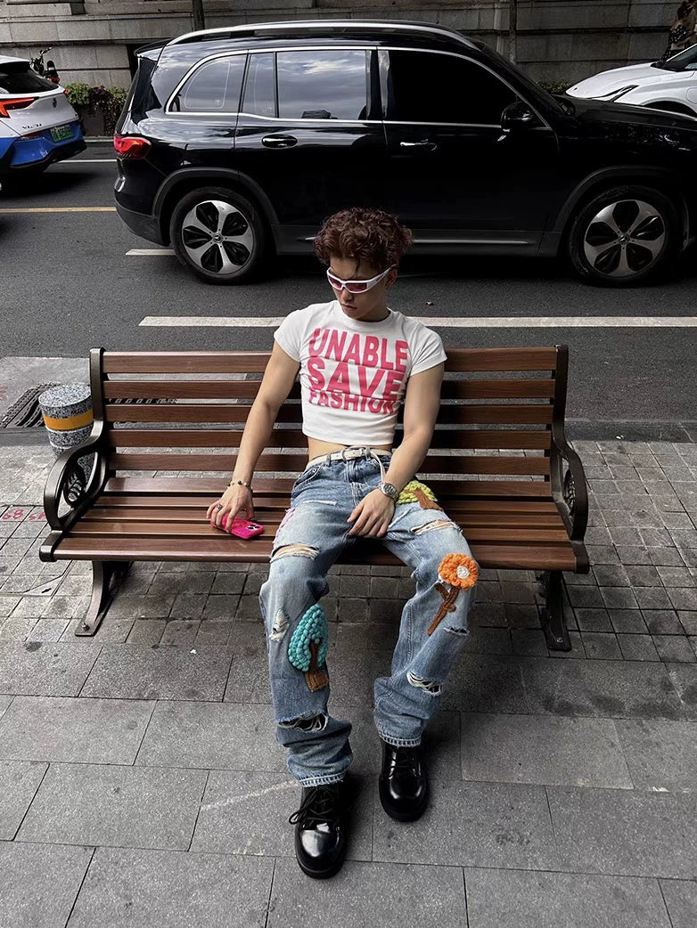 Untold Washed Crochet Embroidered Ripped Jeans